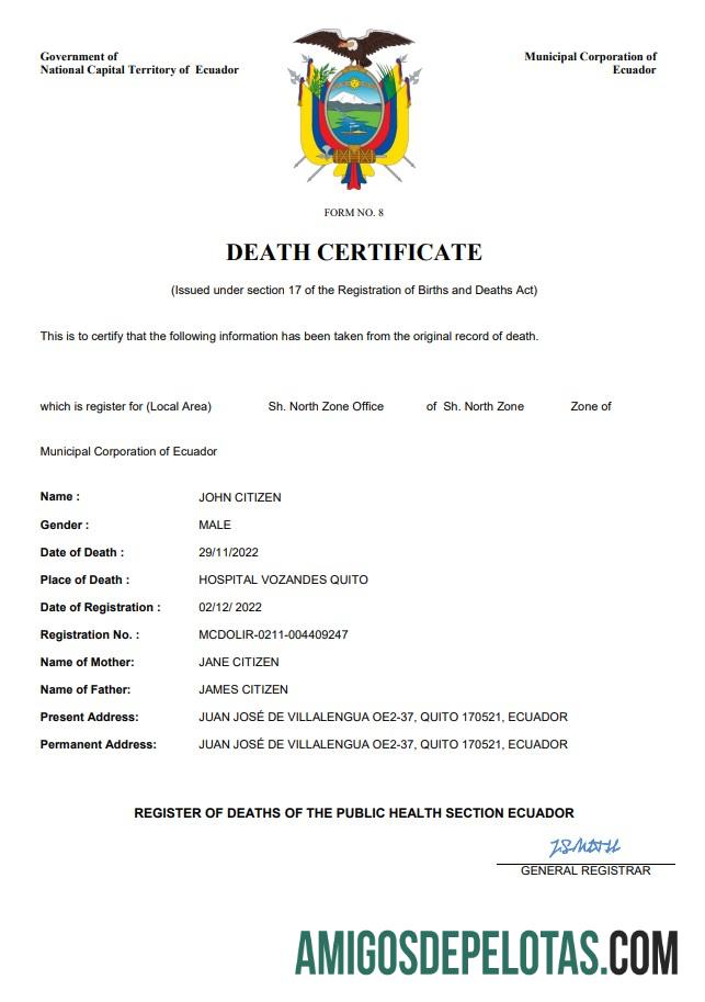 Imprimível modelo Word e PDF de certidão de óbito de registro vital do Equador